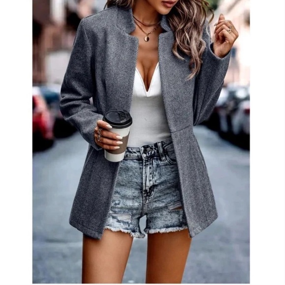 Classic Charcoal Herringbone Blazer Jacket Coat - Picture 3 of 8
